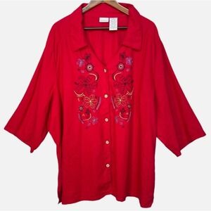White Stag Plus Size 28W Red Embroidered Floral Linen Rayon Button Up Shirt